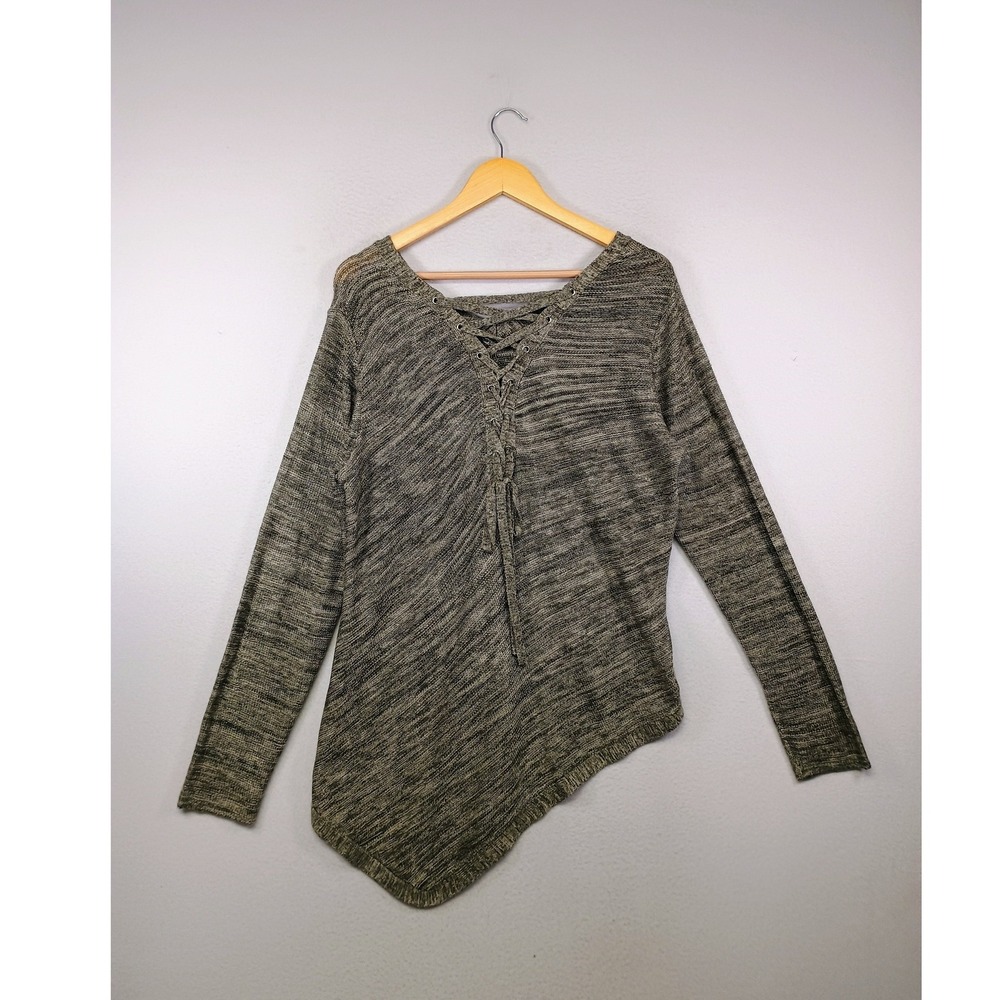 Boho Asymmetrical Democracy Women XL Green Marled Lace Up Back Sharkbite Sweater